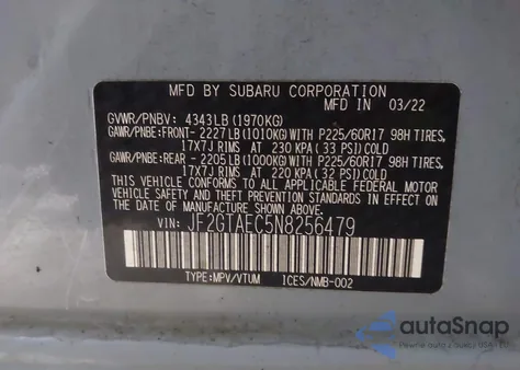 2022 Subaru Crosstrek Premium z USA, uszkodzony, nr VIN JF2GTAEC5N8256479